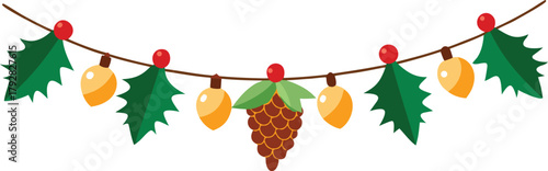 Adobe Illustrator Artwork  Christmas garlands and fir branches. Christmas decoration with pine cones, holly berries, glowing lights, ribbons. For holiday banners, cards, party posters. Transparent bac