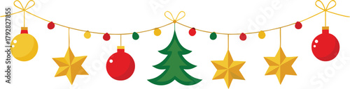 Adobe Illustrator Artwork  Christmas garlands and fir branches. Christmas decoration with pine cones, holly berries, glowing lights, ribbons. For holiday banners, cards, party posters. Transparent bac