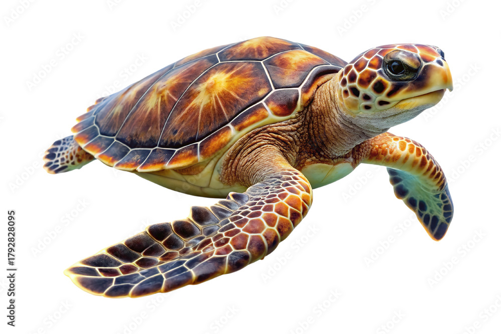 Fototapeta premium Detailed close up of a vibrant sea turtle swimming gracefully isolated on transparent background