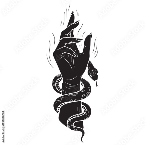 Mystical Hand Silhouette with Serpent and Energy Lines