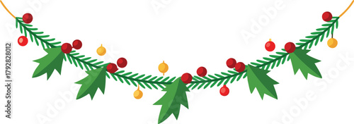 Adobe Illustrator Artwork  Christmas garlands and fir branches. Christmas decoration with pine cones, holly berries, glowing lights, ribbons. For holiday banners, cards, party posters. Transparent bac