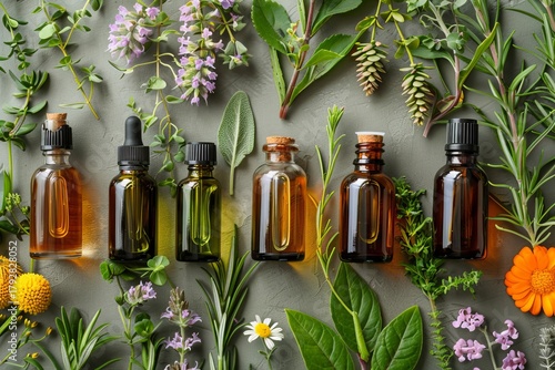 Bottles of essential oil surrounded by medicinal herbs promoting natural treatment