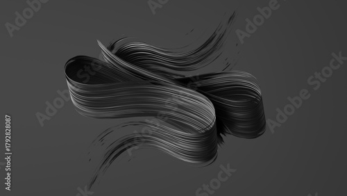 Fluid black brushstroke with elegant lines swirls on a plain ground. 3D render illustration. © NeoLeo