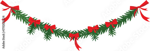Adobe Illustrator Artwork  Christmas garlands and fir branches. Christmas decoration with pine cones, holly berries, glowing lights, ribbons. For holiday banners, cards, party posters. Transparent bac