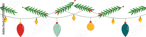 Adobe Illustrator Artwork  Christmas garlands and fir branches. Christmas decoration with pine cones, holly berries, glowing lights, ribbons. For holiday banners, cards, party posters. Transparent bac