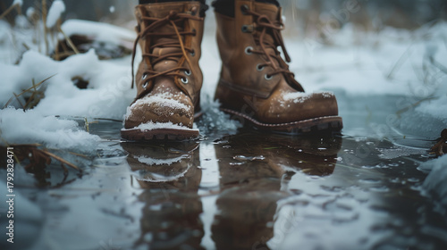 Man's brown boots standing in water on snowy ground  