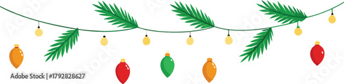 Adobe Illustrator Artwork  Christmas garlands and fir branches. Christmas decoration with pine cones, holly berries, glowing lights, ribbons. For holiday banners, cards, party posters. Transparent bac