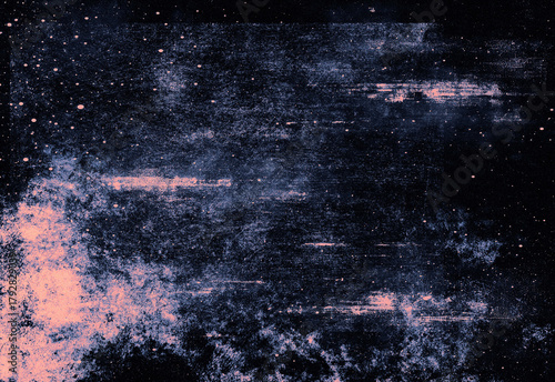 Fototapeta Naklejka Na Ścianę i Meble -  Abstract cosmic texture featuring a dark starry space background with pink nebula-like splashes, grainy retro grunge elements, and subtle light specks for dramatic visual impact