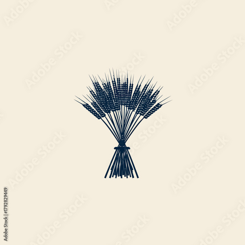 Stylized wheat illustration in navy blue color on a light beige background