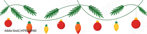 Adobe Illustrator Artwork  Christmas garlands and fir branches. Christmas decoration with pine cones, holly berries, glowing lights, ribbons. For holiday banners, cards, party posters. Transparent bac