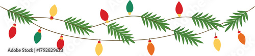 Adobe Illustrator Artwork  Christmas garlands and fir branches. Christmas decoration with pine cones, holly berries, glowing lights, ribbons. For holiday banners, cards, party posters. Transparent bac