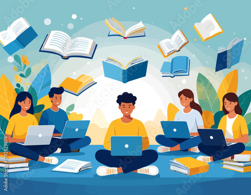 Group of diverse students studying online with laptops and books, surrounded by flying open books representing knowledge and learning, illustrated in a vibrant flat design