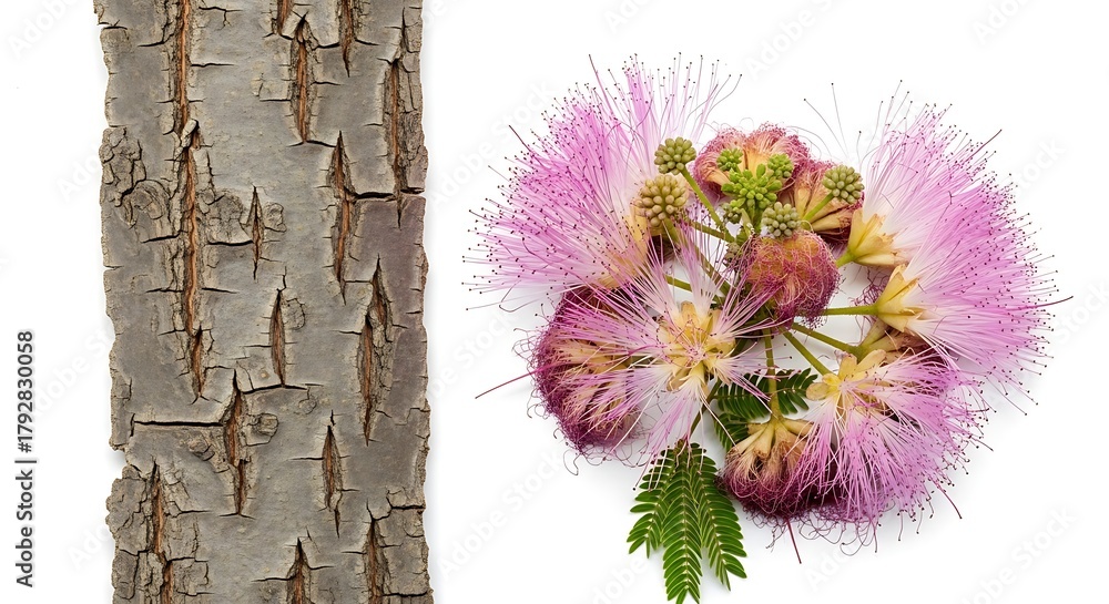 Obraz premium Mimosa tree bark and pink flower close up