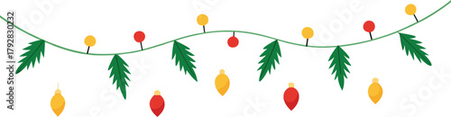 Adobe Illustrator Artwork  Christmas garlands and fir branches. Christmas decoration with pine cones, holly berries, glowing lights, ribbons. For holiday banners, cards, party posters. Transparent bac