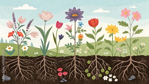 Colorful flowers with roots growing in a garden scene
