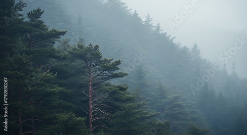 Misty forest landscape with evergreen trees