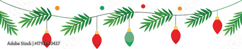 Adobe Illustrator Artwork  Christmas garlands and fir branches. Christmas decoration with pine cones, holly berries, glowing lights, ribbons. For holiday banners, cards, party posters. Transparent bac