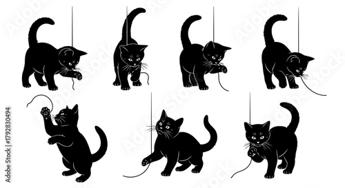 Kitten Cat Playing String Vector Illustration Collection Isolated on White Background Feline Pet Drawing Graphic Design Different Actions Poses Silhouette