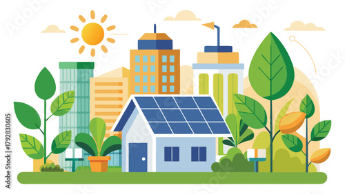 Vector icon of sustainable urban garden with solar panel and plants on white background.