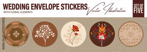 Vintage Wedding Envelope Stickers. Set of Five round envelope stickers and seals in floral ornaments. Can be used as favor labels, logo, sticker, seals, wedding monograms etc.