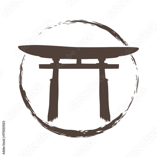 Minimalist japanese torii gate silhouette with brush stroke circle element