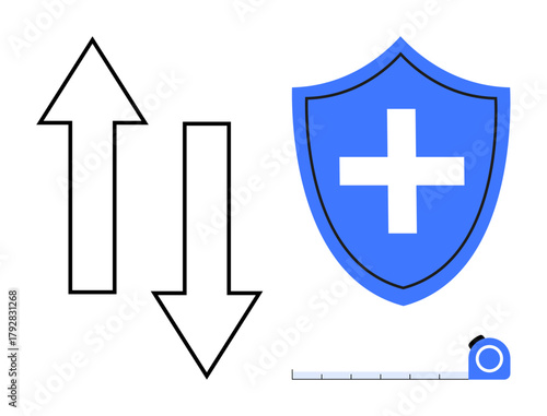 Up and down arrows, blue shield with cross, and measuring tape signify protection, direction, balance, and security. Ideal for health, metrics, safety decision-making guidance measurement risk
