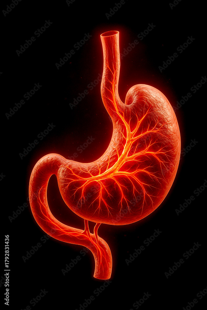 Obraz premium Glowing Human Stomach Anatomy with Vascular Network