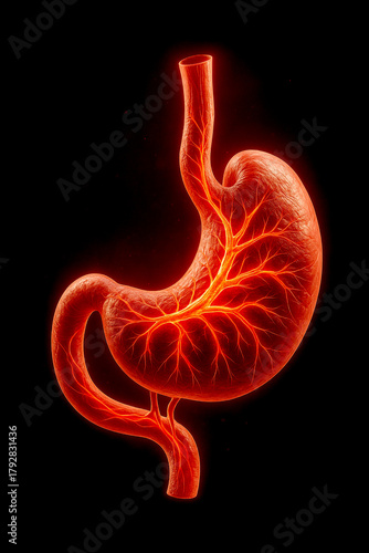Glowing Human Stomach Anatomy with Vascular Network