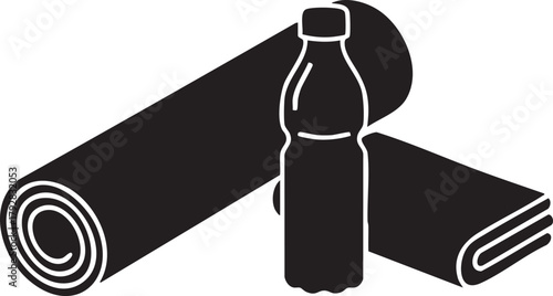 Yoga mat, water bottle, and towel icon. Fitness and gym equipment silhouette vector illustration.