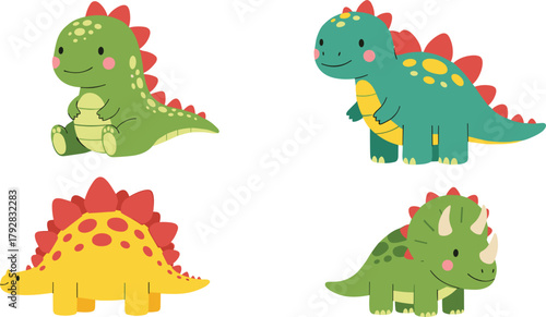 Cute Cartoon Dinosaur Vector Set: Adorable Illustrations of Triceratops, Stegosaurus, and Other Prehistoric Reptiles, Perfect for Kids' Designs and Jurassic Themes.