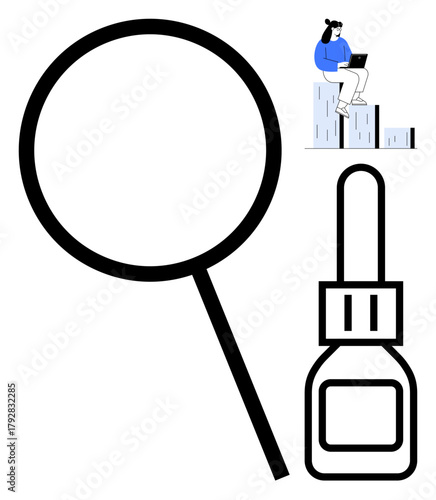 Magnifying glass, sitting woman on bar chart working on a laptop, and a dropper bottle represent research, analysis, growth, study, innovation, problem-solving, and exploration in a simple flat
