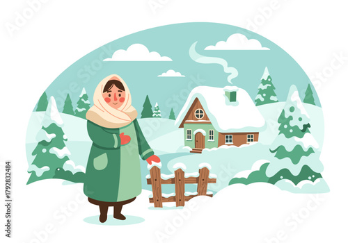 Village woman with headscarf, cheerful, standing near gate, winter landscape