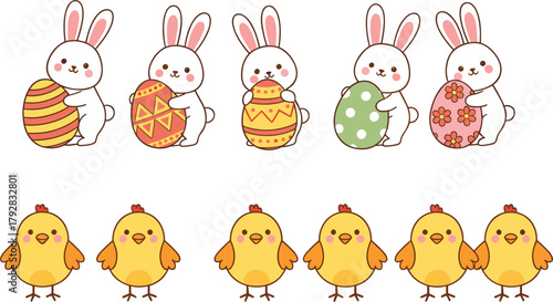 Cute Cartoon Easter Vector Set: Adorable White Bunnies Holding Decorative Eggs and Cheerful Yellow Baby Chicks, Ideal for Holiday, Spring, and Childish Celebration Designs.