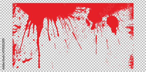 Grunge splat abstract leak texture. Halloween vector blood seamless border. Red dripping liquid paint with splatter, leaking bleeding splashes.	
