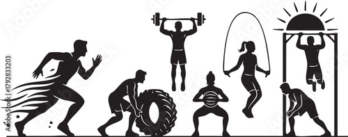 Fitness and gym workout silhouettes vector illustration.