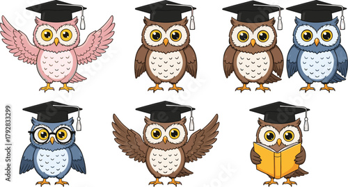 Wallpaper Mural Cute Cartoon Owl Vector Set Wearing Graduation Caps: Adorable Bird Characters Representing Wisdom, Education, Achievement, Learning, and College/University Commencement Torontodigital.ca