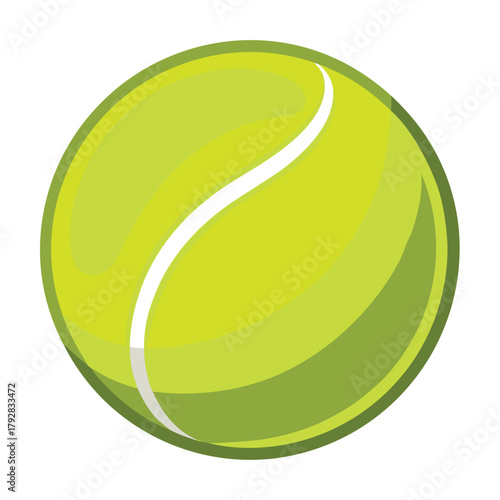 A vibrant green tennis ball with a white curved line