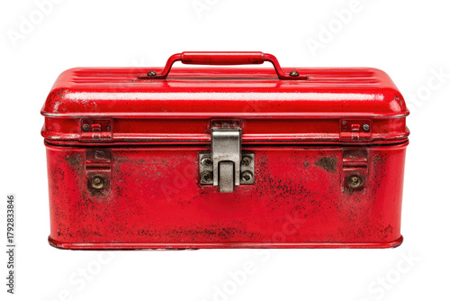 A weathered, red metal toolbox
