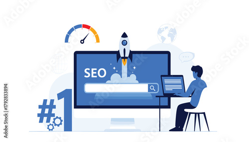 Search Engine Optimization (SEO) Success: Man Working on Laptop with Rocket Launching from Search Bar, High-Quality Vector Illustration 