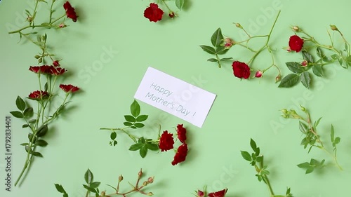 Small red rose buds on bright green background