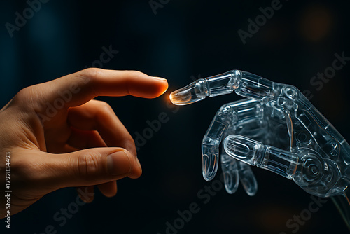 Connection between human intelligence and artificial robotic technology shown by glowing fingertips creating communication bridge