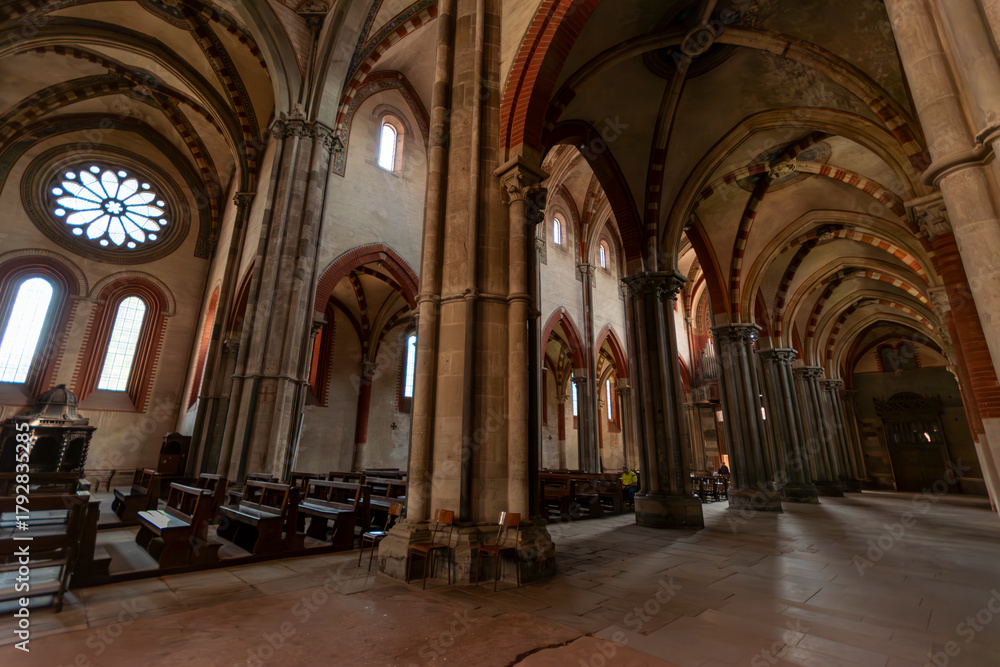 Fototapeta premium Vercelli, Piedmont, Italy. The gothic Saint Andrew, the cloister and the annexed Abbey.