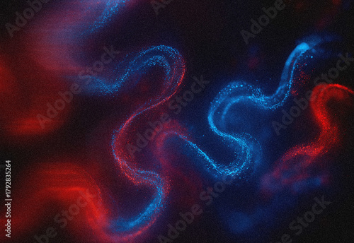 Abstract cosmic swirls of red and blue light weaving through a starry field, capturing dynamic energy patterns and nebula-like dust trails in a striking space art composition.
