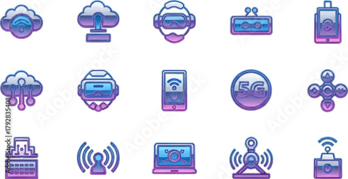 Collection of futuristic duotone vector icons illustrating concepts like cloud computing, VR, 5G network, drones, and wireless devices.