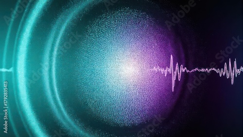 Abstract digital artwork of pulsating circles and soundwave in teal and purple hues