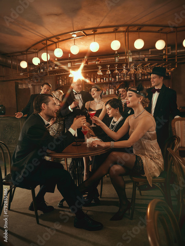 Sticker Retro celebration scene with stylish friends raising cocktails in warm bar lighting