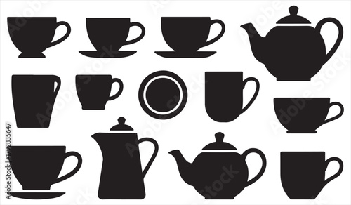 Café-themed vector set featuring teapots, coffeepots, cups, and pitchers