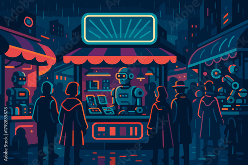 Neon fusion cyberpunk colors street crowds aesthetics icon characters shapes no vector