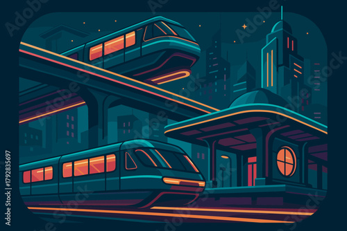 Cyberpunk emojis marks monorail icon above vector cityscape isolated typography speech gliding