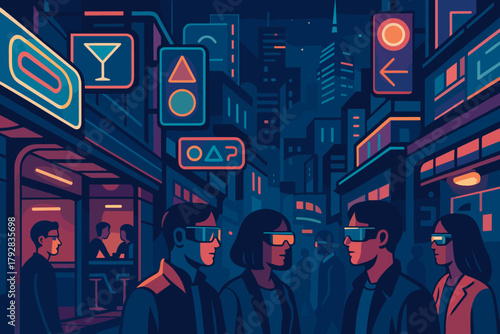 Icon style nightlife citizens no balanced vector scene cyberpunk chrome surfaces reality